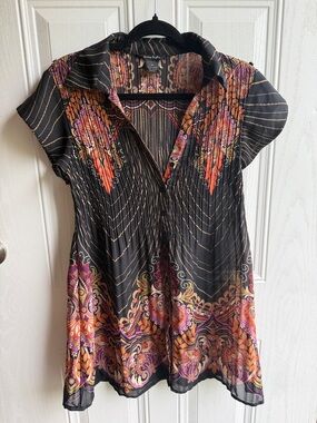 Sunny Taylor Boho Paisley Print Blouse Dress M Flowy Sheer Button Front Hippie
